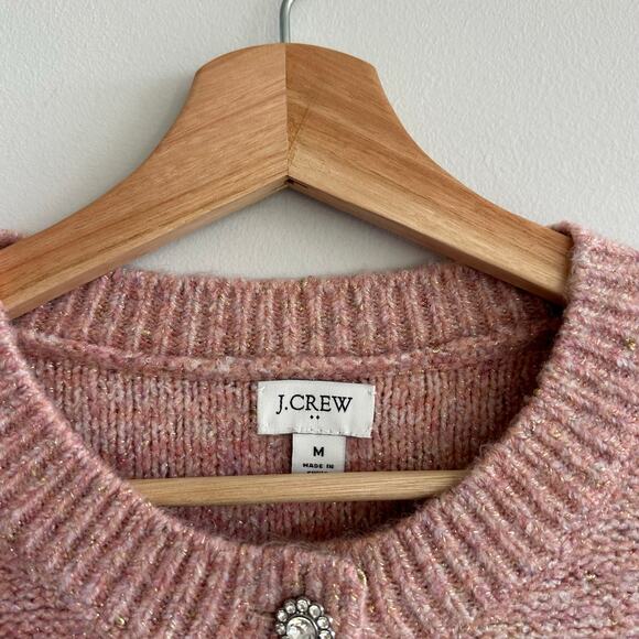 J. Crew Shimmer Lady Button Front Crew Neck Knit Cardigan Rose Blush Metallic M - Picture 3 of 11